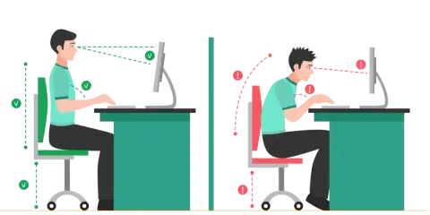 Prawidłowa i nieprawidłowa ergonomia pracy przy komputerze. Po lewej - postawa idealna, po prawej - błędy postawy.