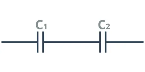 Schemat obwodu elektrycznego: kondensator C1 i kondensator C2 połączone szeregowo.