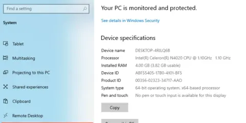 Jak sprawdzić parametry laptopa: ekran "About" w Ustawieniach Windows, pokazuje specyfikacje urządzenia, procesor, RAM i system.