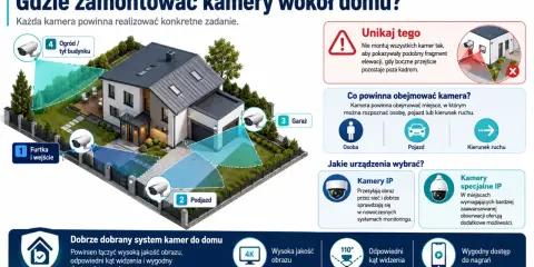 Ilustracja pokazuje, gdzie umieścić rejestrator monitoringu wokół domu: przy furtce, podjeździe, garażu i w ogrodzie.