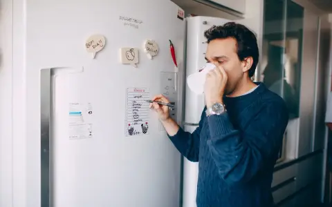 Mężczyzna z kubkiem kawy pisze listę zakupów na lodówce no frost.