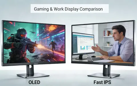 Porównanie wyświetlaczy: po lewej dynamiczna gra akcji na ekranie OLED, po prawej praca biurowa na monitorze z matrycą IPS.