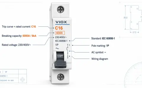 Wyłącznik nadprądowy VIOX C16 z symbolem prądu zmiennego (~), oznaczony jako 1P, zgodny z normą IEC 60898-1.