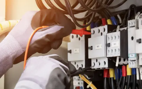 Elektryk w rękawicach sprawdza instalację, by dowiedzieć się, jak sprawdzić moc przyłączeniową.