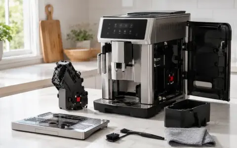 Ekspres DeLonghi z wyjętym modułem zaparzającym i tacką, gotowy do odkamieniania. Obok akcesoria do czyszczenia.