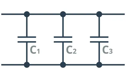 Schemat połączenie równoległe trzech kondensatorów C1, C2, C3.