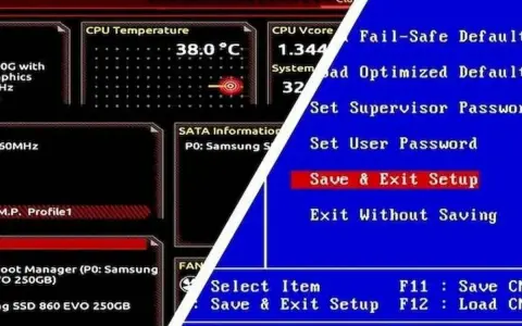 Ekran BIOS-u pokazuje temperaturę CPU 38°C i opcje takie jak "Save & Exit Setup". To jest właśnie co to BIOS.