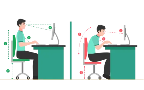 Prawidłowa i nieprawidłowa ergonomia pracy przy komputerze. Po lewej - postawa idealna, po prawej - błędy postawy.