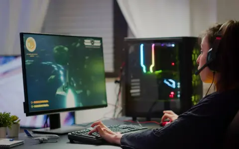 Graczka w słuchawkach gra w grę FPS, co to za gatunek? Komputer z kolorowym podświetleniem.