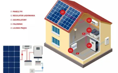 Schemat instalacji fotowoltaicznej: panele PV, regulator, akumulatory, falownik i licznik prądu. To przyszłość, czyli zielona energia.