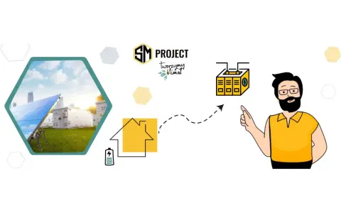 SM Project: podłączenie fotowoltaiki do domu, zasilanie z paneli słonecznych i magazynu energii. Mężczyzna wskazuje na schemat.