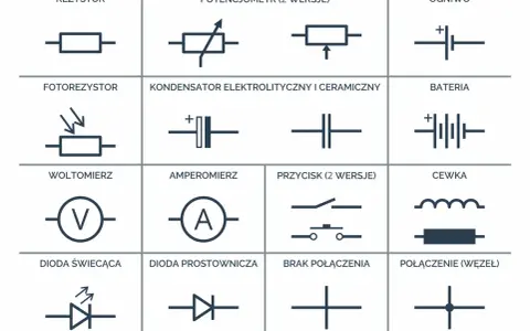Tabela przedstawia symbole elektryczne: rezystor, potencjometr, ogniwo, fotorezystor, kondensator, bateria, woltomierz, amperomierz, przycisk, cewka, dioda świecąca, dioda prostownicza, brak połączenia i połączenie (węzeł).