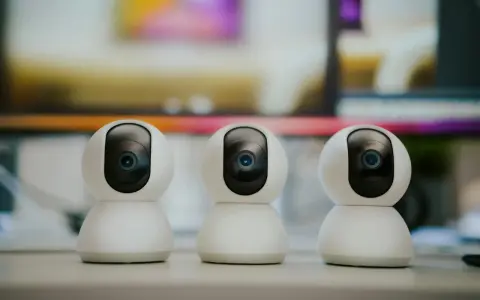 Trzy białe kamery monitoringu ustawione obok siebie. Dowiedz się, jak ustawić kamery monitoringu, by zapewnić bezpieczeństwo.