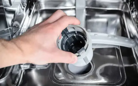 Ręka wyjmuje filtr zmywarki. Może to być przyczyną, że zmywarka nie domywa naczyń.