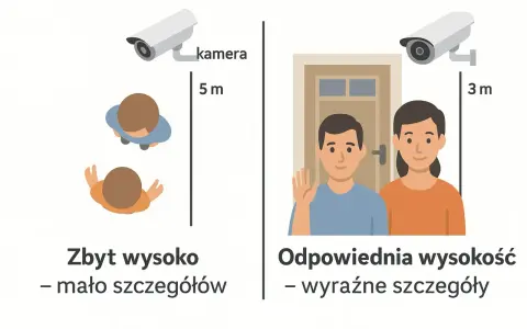 Kamera na balkonie zamontowana zbyt wysoko (5m) daje mało szczegółów. Kamera na wysokości 3m zapewnia wyraźne detale.