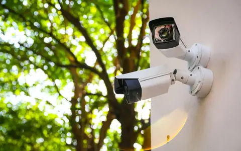 Dwa białe kamery monitoringu na ścianie, za nimi zielone liście drzew. Monitoring na działce ROD przepisy.