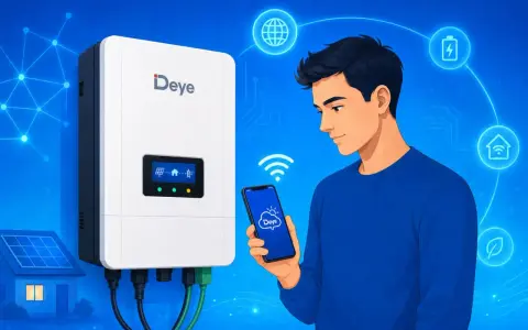 Chłopiec steruje domową instalacją fotowoltaiczną za pomocą aplikacji Deye na smartfonie.