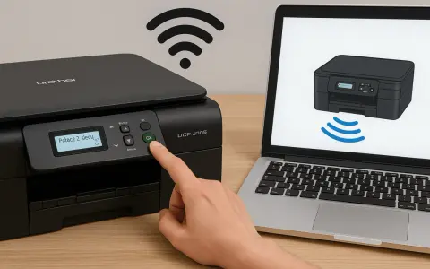 Ręka naciska przycisk "GX" na drukarce Brother, pokazując, jak podłączyć drukarkę do wifi. Na ekranie laptopa widoczny jest schemat połączenia.