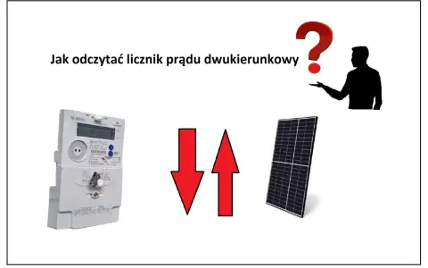 Jak odczytać licznik dwukierunkowy Tauron? Obrazek pokazuje licznik prądu, panel słoneczny i symbolizujące przepływ energii strzałki.