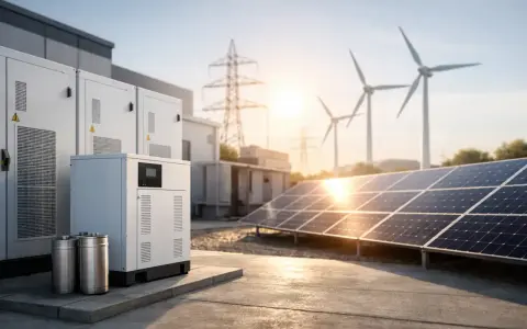 Nowoczesny magazyn energii fotowoltaika z panelami słonecznymi, turbinami wiatrowymi i bateriami.