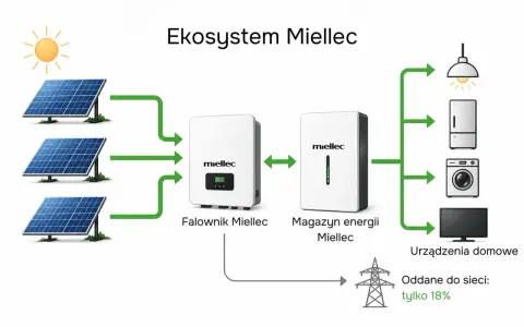 Schemat pokazuje, jak panele fotowoltaiczne zasilają falownik i magazyn energii, zapewniając autokonsumpcję fotowoltaika dla urządzeń domowych.