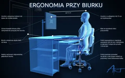 Ilustracja pokazuje, jak ustawić monitor i biurko dla ergonomii pracy. Monitor powinien być na wysokości oczu, w odległości 40-75 cm.