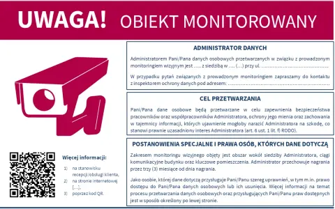 Tablica informacyjna o monitoringu wizyjnym w wspólnocie mieszkaniowej. Przepisy dotyczące ochrony danych. Kamera i kod QR.