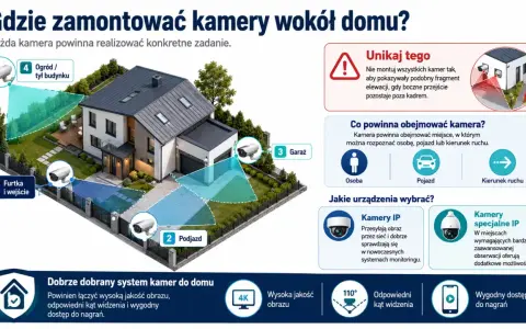 Ilustracja pokazuje, gdzie umieścić rejestrator monitoringu wokół domu: przy furtce, podjeździe, garażu i w ogrodzie.
