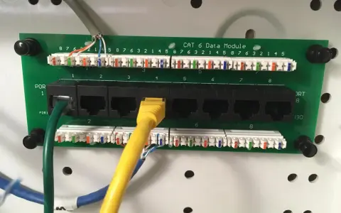 Panel sieciowy CAT 6 z ośmioma portami RJ45. Widoczne kable sieciowe i złącza.