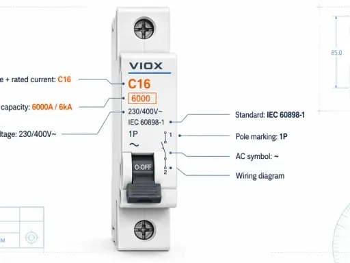 Wyłącznik nadprądowy VIOX C16 z symbolem prądu zmiennego (~), oznaczony jako 1P, zgodny z normą IEC 60898-1.