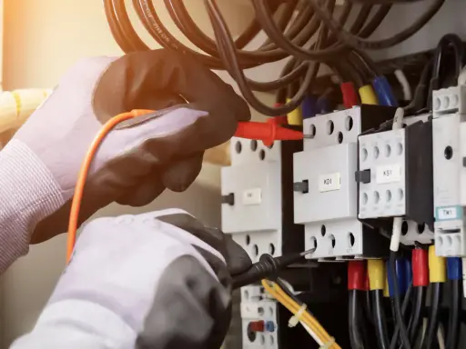 Elektryk w rękawicach sprawdza instalację, by dowiedzieć się, jak sprawdzić moc przyłączeniową.