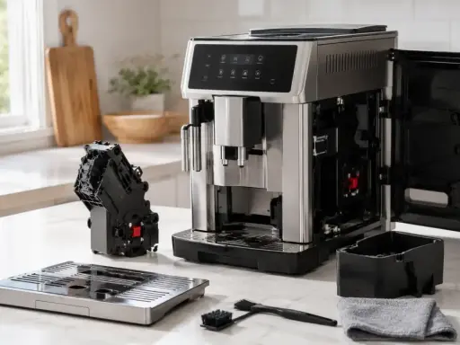 Ekspres DeLonghi z wyjętym modułem zaparzającym i tacką, gotowy do odkamieniania. Obok akcesoria do czyszczenia.