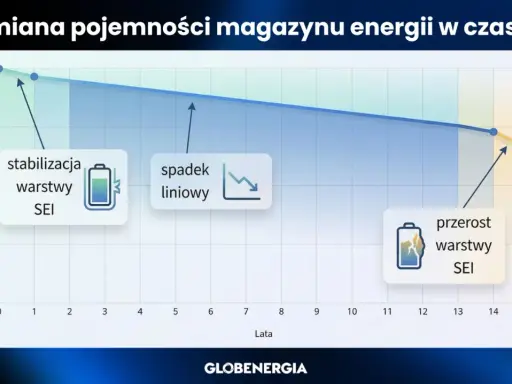 Wykres pokazuje żywotność magazynu energii: stabilizacja warstwy SEI, spadek liniowy, a potem przerost warstwy SEI.