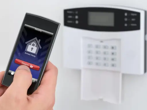 Dłoń trzyma smartfon z aplikacją alarmową, obok panel alarmowy. Idealny jaki alarm do mieszkania w bloku.