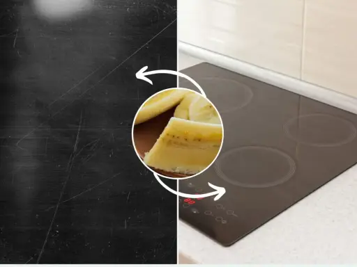 Porysowana płyta indukcyjna przed i po zastosowaniu banana.