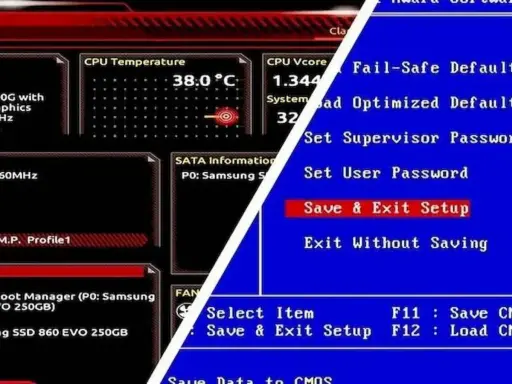 Ekran BIOS-u pokazuje temperaturę CPU 38°C i opcje takie jak "Save & Exit Setup". To jest właśnie co to BIOS.