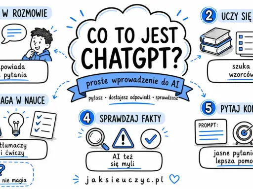Co to jest czat gpt? Proste wprowadzenie do AI: rozmawia, uczy się, pomaga w nauce, sprawdza fakty i wymaga konkretnych pytań.