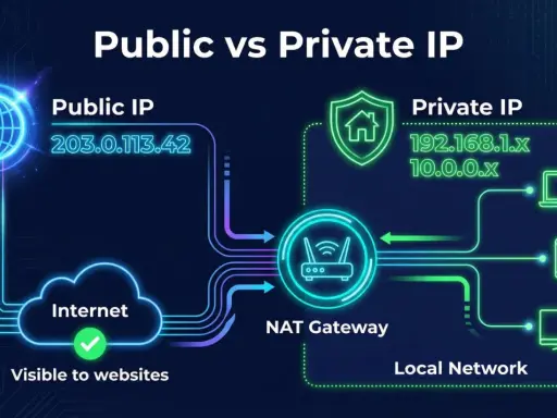 Ilustracja pokazuje, jak sprawdzić IP internetu: publiczne IP (203.0.113.42) jest widoczne w sieci, a prywatne IP (np. 192.168.1.x) jest w sieci lokalnej.