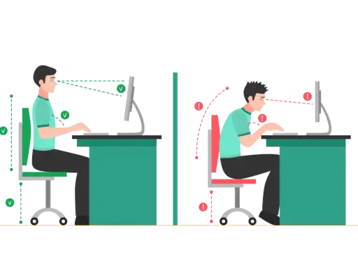 Prawidłowa i nieprawidłowa ergonomia pracy przy komputerze. Po lewej - postawa idealna, po prawej - błędy postawy.