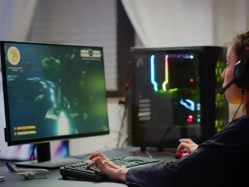 Graczka w słuchawkach gra w grę FPS, co to za gatunek? Komputer z kolorowym podświetleniem.