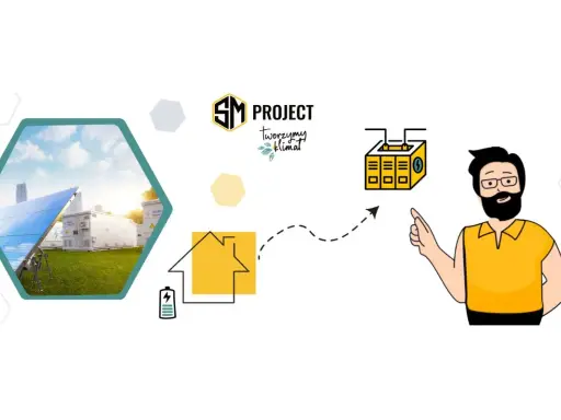 SM Project: podłączenie fotowoltaiki do domu, zasilanie z paneli słonecznych i magazynu energii. Mężczyzna wskazuje na schemat.