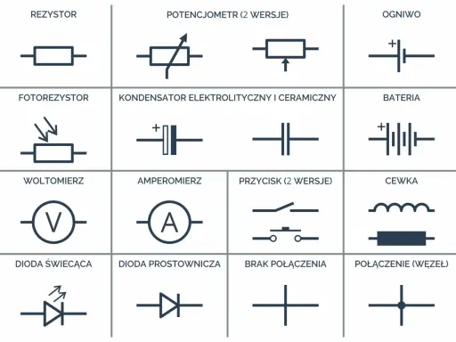 Tabela przedstawia symbole elektryczne: rezystor, potencjometr, ogniwo, fotorezystor, kondensator, bateria, woltomierz, amperomierz, przycisk, cewka, dioda świecąca, dioda prostownicza, brak połączenia i połączenie (węzeł).