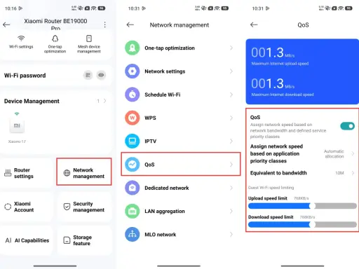 Zarządzanie siecią w aplikacji Xiaomi. Widok QoS pokazuje limity prędkości pobierania i wysyłania, które są niedostępne do edycji.