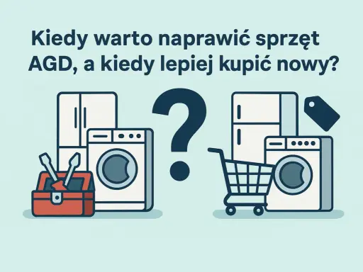 Kiedy warto naprawić sprzęt AGD, a kiedy lepiej kupić nowy? Ilustracja przedstawia lodówkę i pralkę obok skrzynki z narzędziami oraz wózka sklepowego.