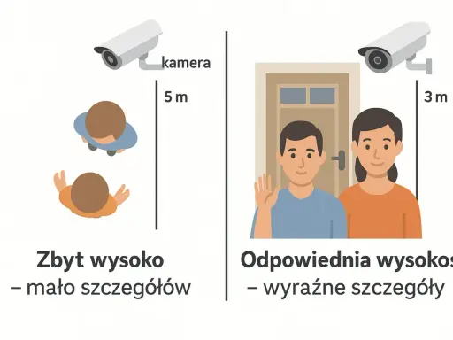 Kamera na balkonie zamontowana zbyt wysoko (5m) daje mało szczegółów. Kamera na wysokości 3m zapewnia wyraźne detale.