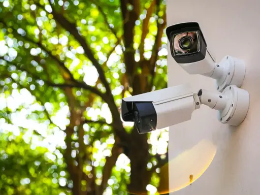 Dwa białe kamery monitoringu na ścianie, za nimi zielone liście drzew. Monitoring na działce ROD przepisy.
