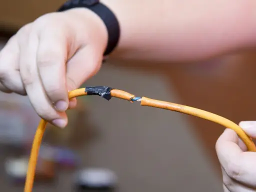 Dłonie trzymają przecięty pomarańczowy kabel, odsłaniając niebieskie żyły. Pokazuje to, jak połączyć przecięty kabel w ścianie.