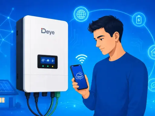 Chłopiec steruje domową instalacją fotowoltaiczną za pomocą aplikacji Deye na smartfonie.