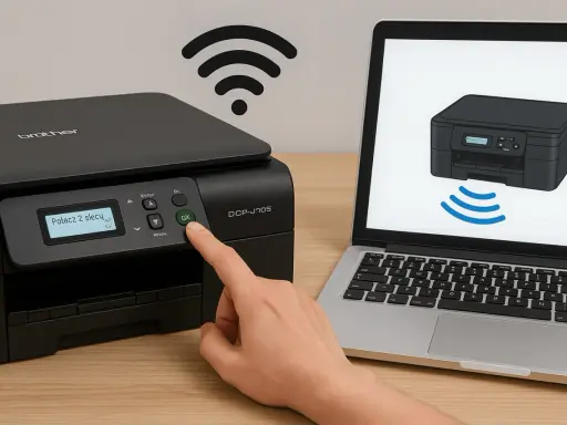 Ręka naciska przycisk "GX" na drukarce Brother, pokazując, jak podłączyć drukarkę do wifi. Na ekranie laptopa widoczny jest schemat połączenia.