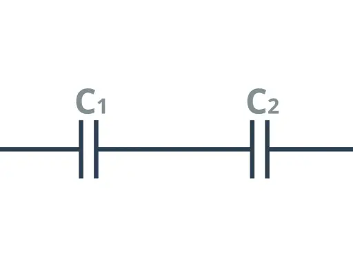 Schemat obwodu elektrycznego: kondensator C1 i kondensator C2 połączone szeregowo.